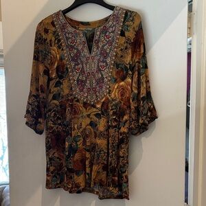 Soft Surroundings Mustard Floral Embroidered V-Neck Tunic